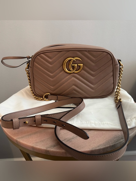 Gucci Handbags - Gucci Matelassé Leather Crossbody Bag - Taupe/Dusty Rose with Gold Hardware